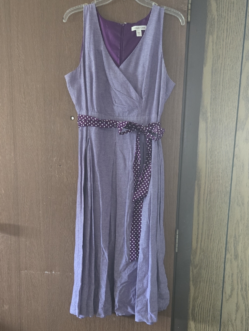 Sleeveless Purple Midi Dress with Polka Dot Waist Tie